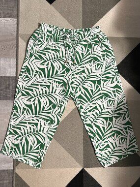 Jane and Delancey Green/White Tropical Palm Print Wide Leg Capris Women's Size L